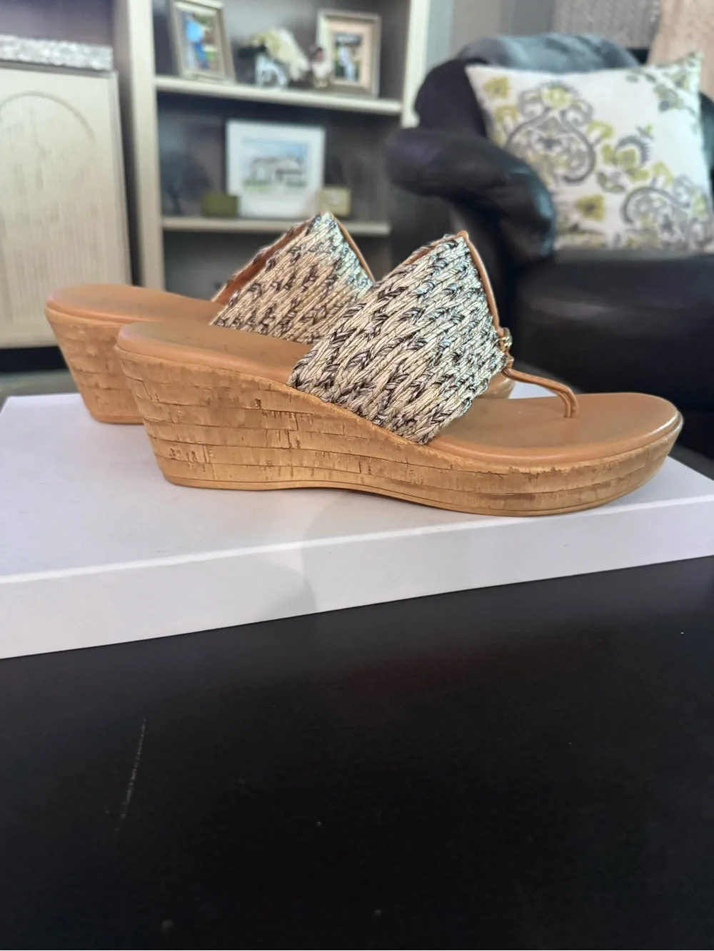 Italian Shoemakers Tan Woven Thong Wedge Sandals